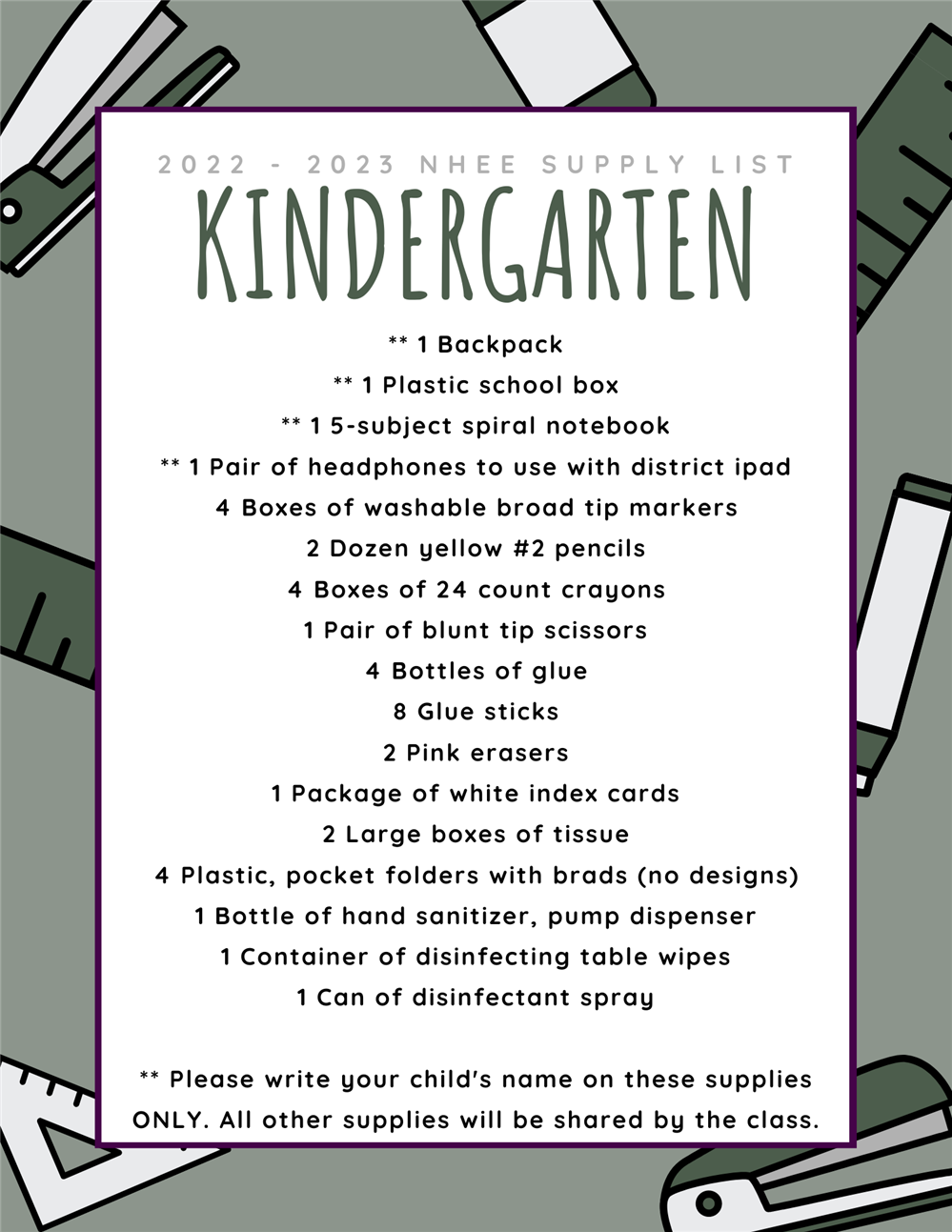 Kindergarten Supply List